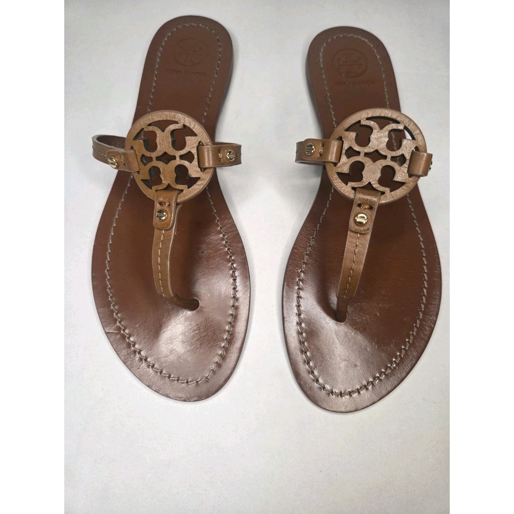 Tory Burch Miller Leather Thong Sandals Tan Brown Double T Logo Flat Women's 7.5